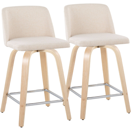 Toriano 24" Swivel Counter Stool in Natural Wood & Cream Noise Fabric w/ Chrome Footrest (Set of 2)